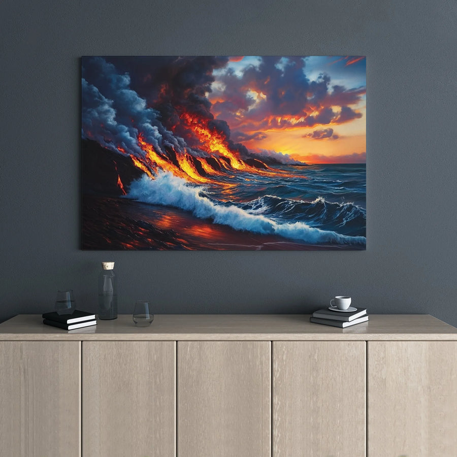 Volcano Ocean Canvas Wall Art | Fiery Lava Flow Sunset Landscape | 1.25" Gallery Wrap Premium Print | Dramatic Nature Decor for Home or Office