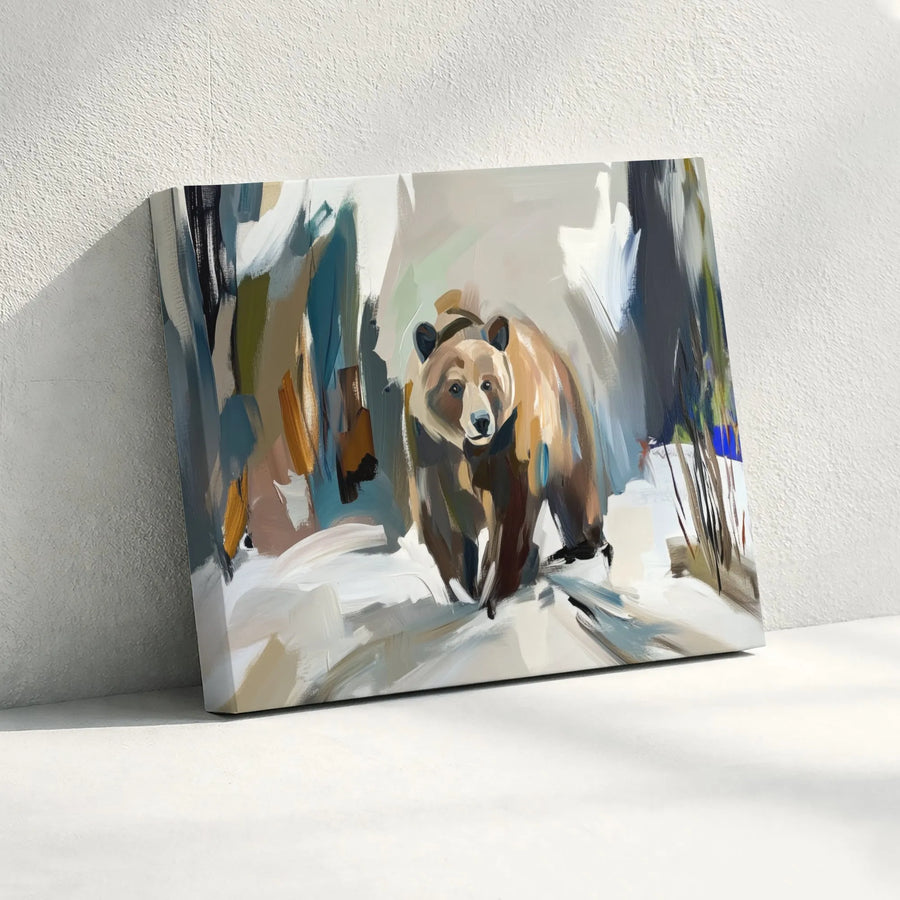 Brown Bear Wall Art | Abstract Snowy Forest Oil Painting Style | 1.25-Inch Gallery Canvas | Nature Lodge Decor Gift for Animal Lovers