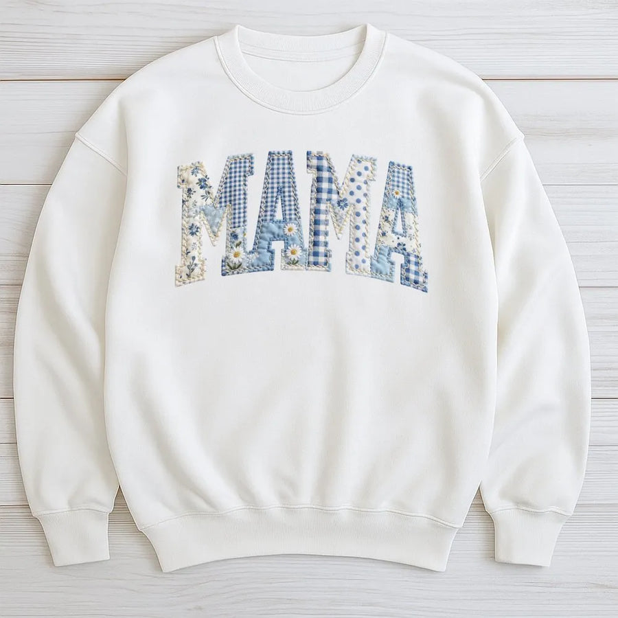 Mama Sweatshirt | Blue Country Patchwork Print Letters | Premium Soft Cotton | Mother's Day Gift for New Mom