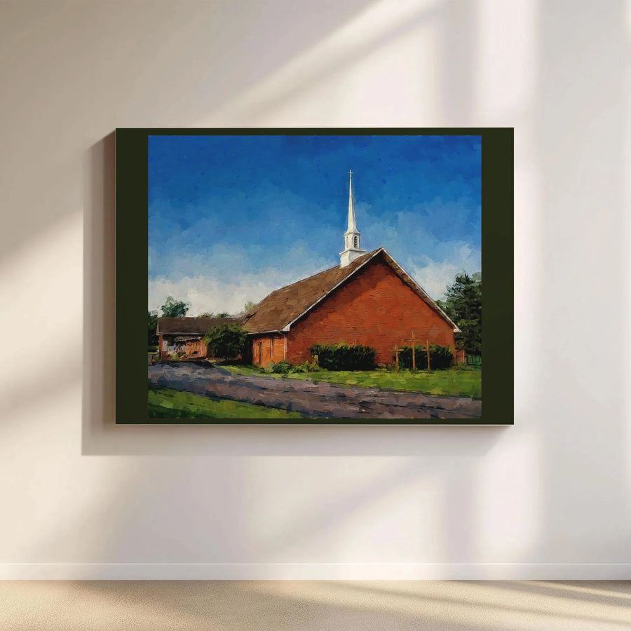 Country Church Canvas Art | Red Brick Building with White Steeple | Premium Gallery Wrap | Religious Home Decor and Christian Wall Print