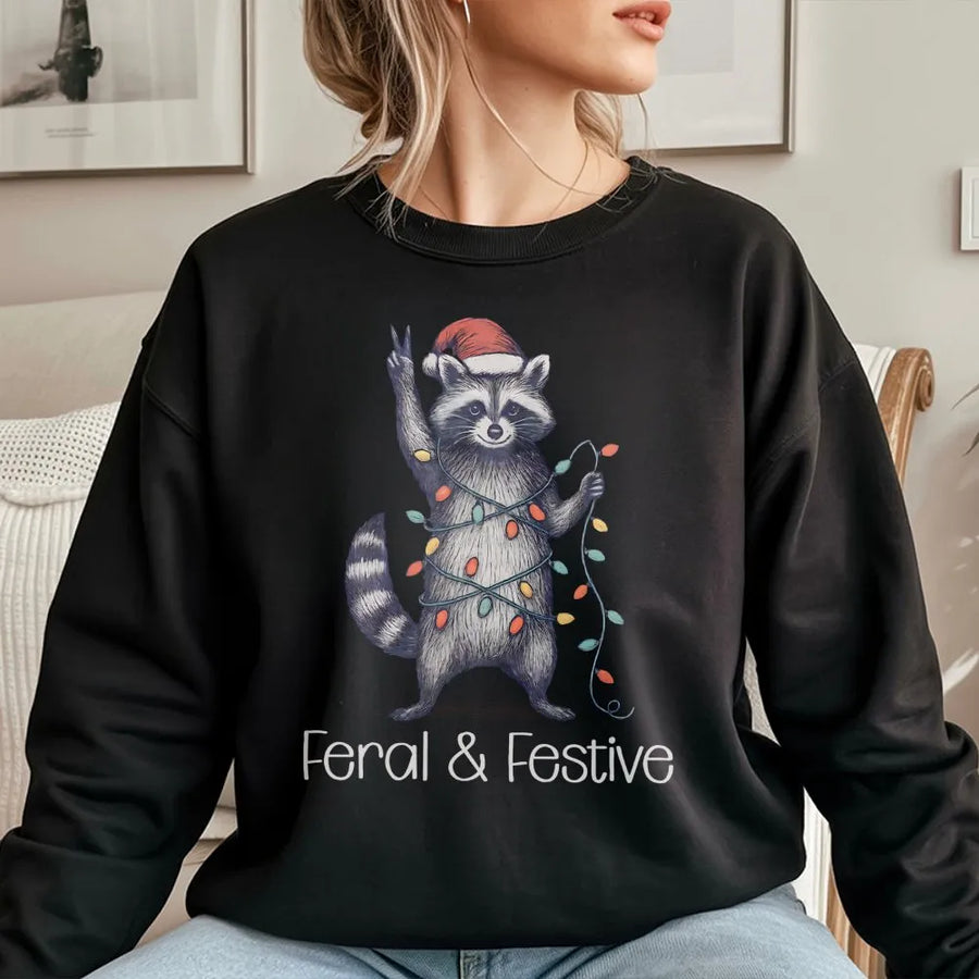 Feral and Festive Raccoon Christmas Sweatshirt | Funny Woodland Animal Holiday Graphic | Premium Cotton Blend | Unisex Gift for Wildlife Lovers
