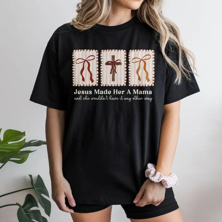 Christian Mama T-Shirt | Coquette Bow Cross Graphic | Soft Cotton Blend | Religious Gift for New Mom