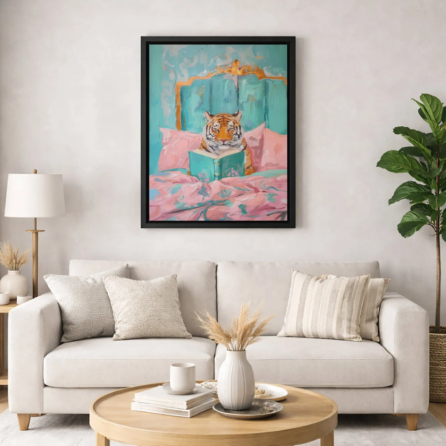Tiger Reading Book Canvas Art | Whimsical Animal Oil Painting Style | Premium 1.25" Gallery Profile | Unique Home Decor Gift for Book Lovers