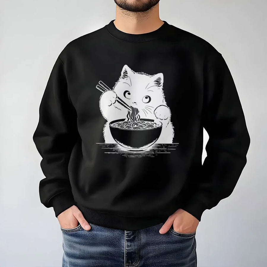 Ramen Cat Sweatshirt | Cute Japanese Noodle Graphic Print | Premium Soft Unisex Pullover | Funny Animal Lover Gift for Women and Teens
