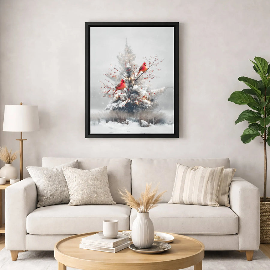Red Cardinal Wall Art | Snowy Christmas Tree With Winter Berries | Premium Gallery Wrapped Canvas | Holiday Home Decor Gift