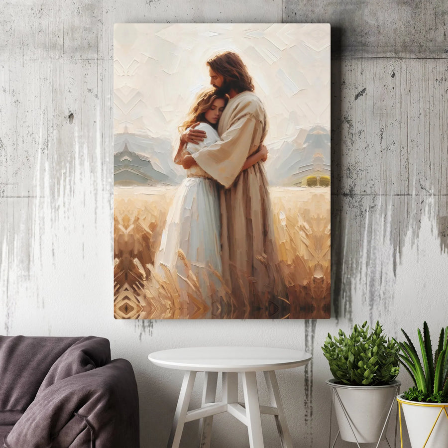 Jesus Embracing Woman In Wheat Field Canvas Print | Religious Oil Painting Style Art | 1.25-Inch Premium Gallery Profile | Christian Home Decor Gift
