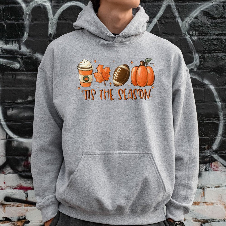 Tis The Season Fall Hoodie | Pumpkin Spice Latte Autumn Graphic | Premium Cotton Blend Pullover | Cute Thanksgiving Football Gift For Women