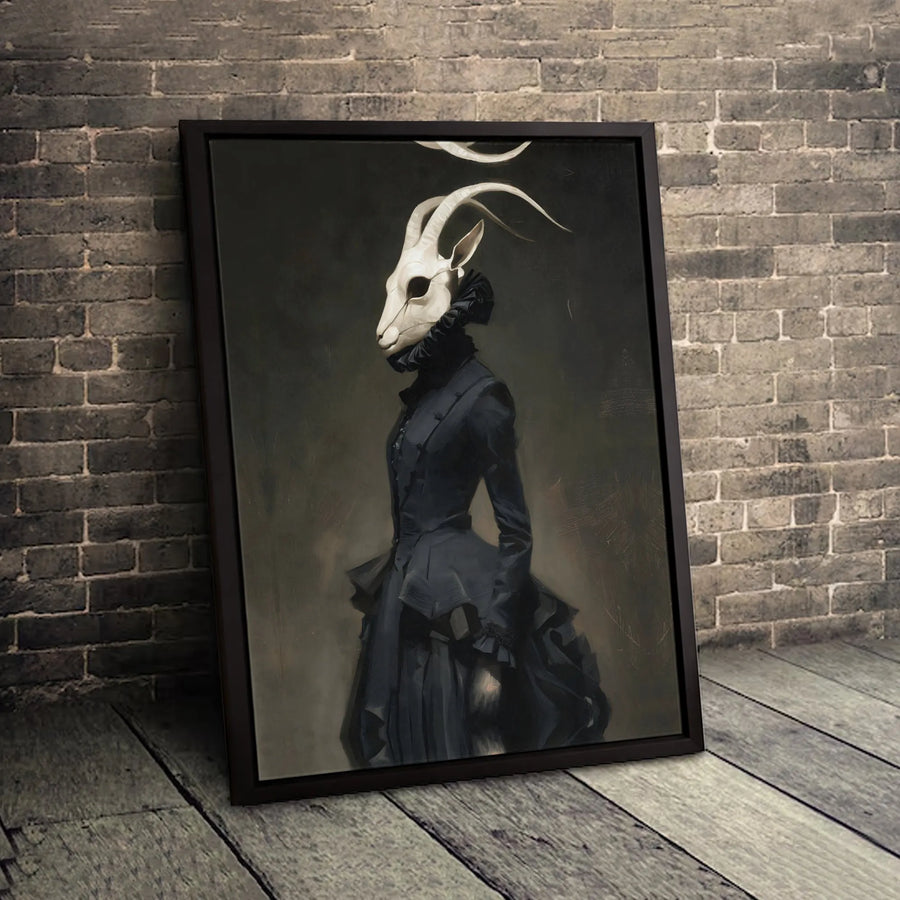 Gothic Victorian Goat Skull Portrait | Dark Surrealist Wall Art | Premium Gallery-Wrap Canvas | Spooky Home Decor Gift