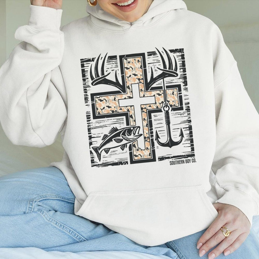 Hunting And Fishing Cross Hoodie | Camo Deer Antler Design | Premium Cotton Blend | Gift For Outdoor Enthusiasts Outdoorsman Apparel