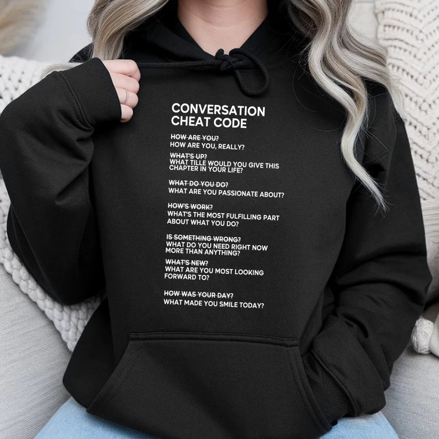 Conversation Cheat Code Hoodie | Social Anxiety Ice Breaker Questions | Premium Cotton Blend | Gift for Introverts, Public Speakers & Students