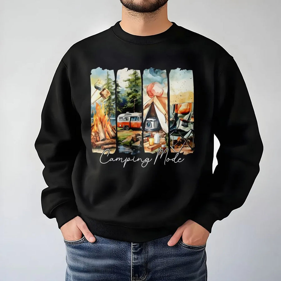 Camping Mode Sweatshirt | Watercolor Nature Graphic | Soft Cotton Polyester Blend | Gift for Outdoor Adventurers and Campers
