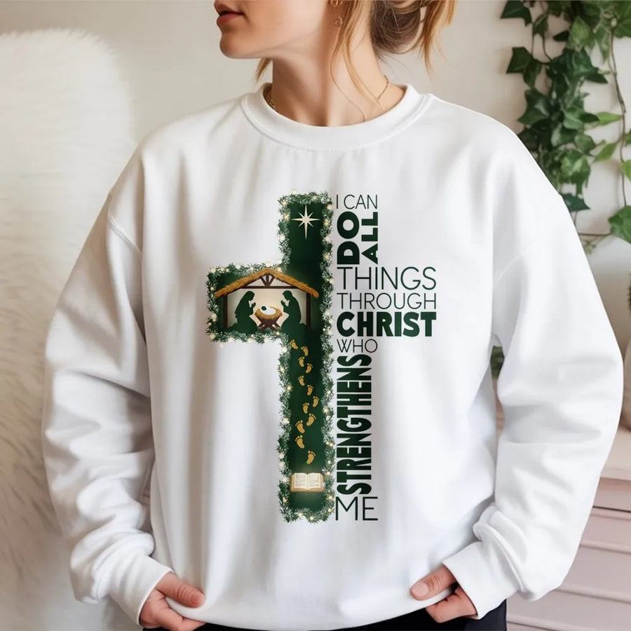 I Can Do All Things Through Christ Sweatshirt | Nativity Cross Graphic Design | Premium Cotton-Poly Blend | Religious Christmas Gift for Believers