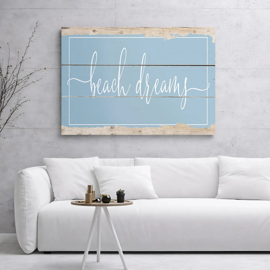 Beach Dreams Wall Art | Rustic Blue Coastal Script Decor | Premium Gallery-Wrapped Canvas | Nautical Living Room Beach House Decor