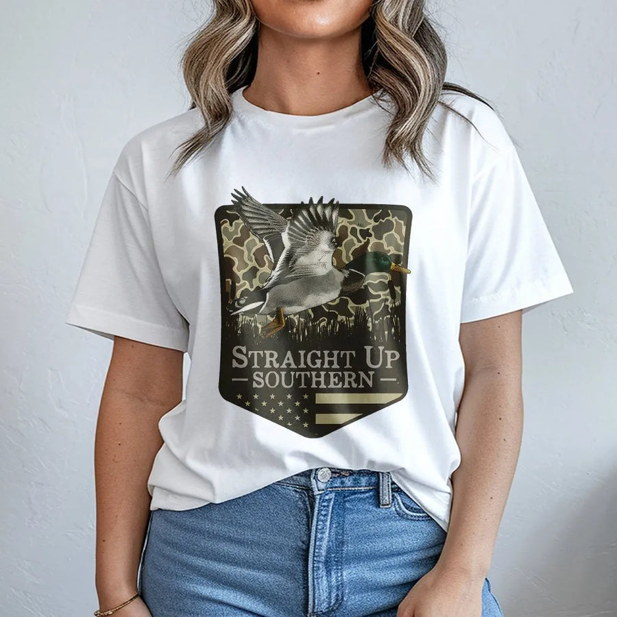 Southern Hunting T-Shirt | Flying Duck Camo & Flag Design | Soft Cotton-Blend Pullover | Gift for Hunter & Outdoorsman