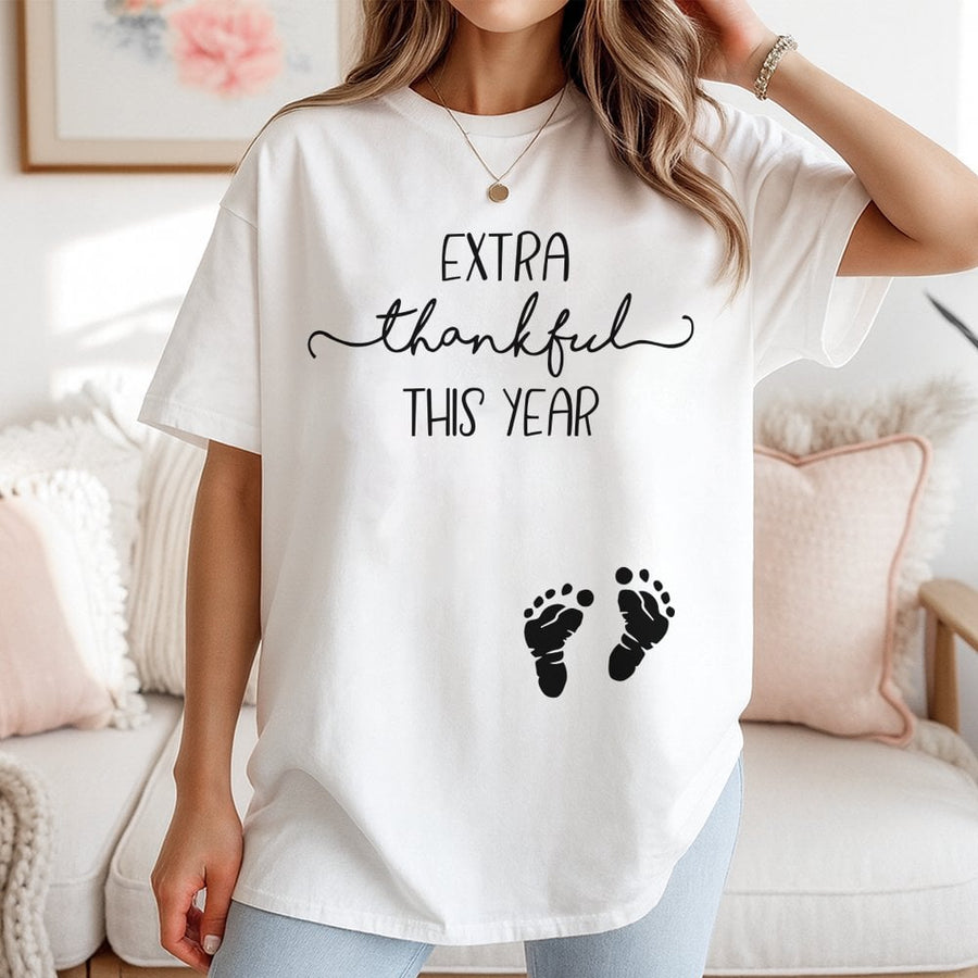 Extra Thankful This Year T-Shirt | Pregnancy Announcement Thanksgiving Tee | Premium 100% Cotton | Cute Baby Footprint Gift for Expectant Moms