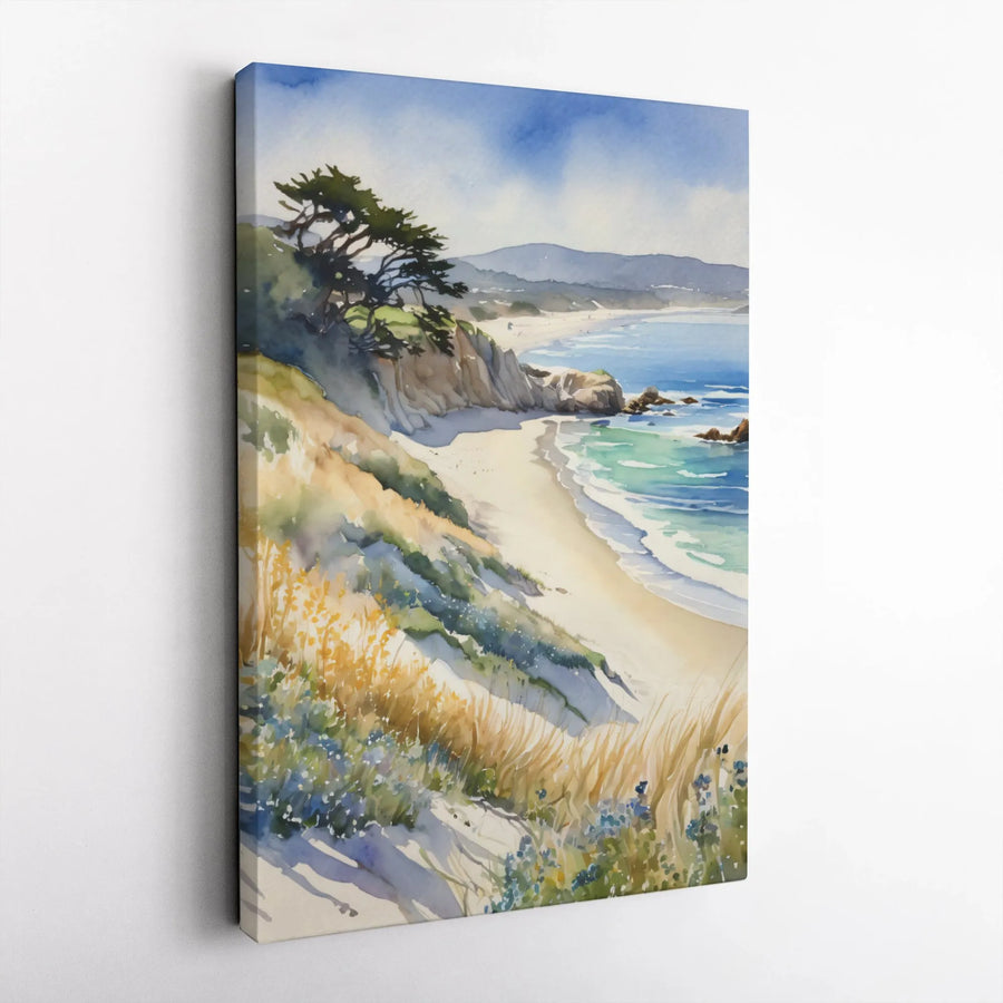 Carmel Beach Watercolor Canvas Print | Coastal California Landscape with Cypress Tree | Premium Gallery-Wrapped Art | Coastal Home Decor Wall Art
