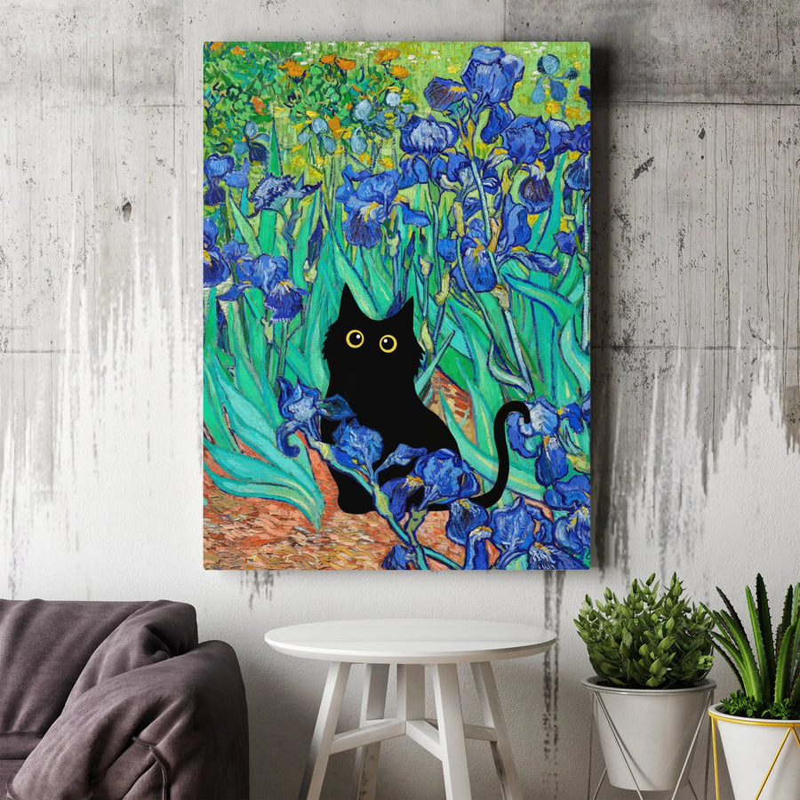 Black Cat Van Gogh Canvas | "Irises" Painting Parody with Funny Cat | Premium Thick Gallery Wrap | Collector's Gift for Art Lovers