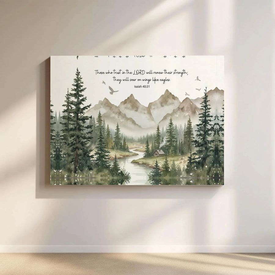 Isaiah 40:31 Wall Art Canvas | Watercolor Mountain Landscape Print | Premium 1.25 Inch Gallery Wrap | Christian Home Decor Gift for Faithful