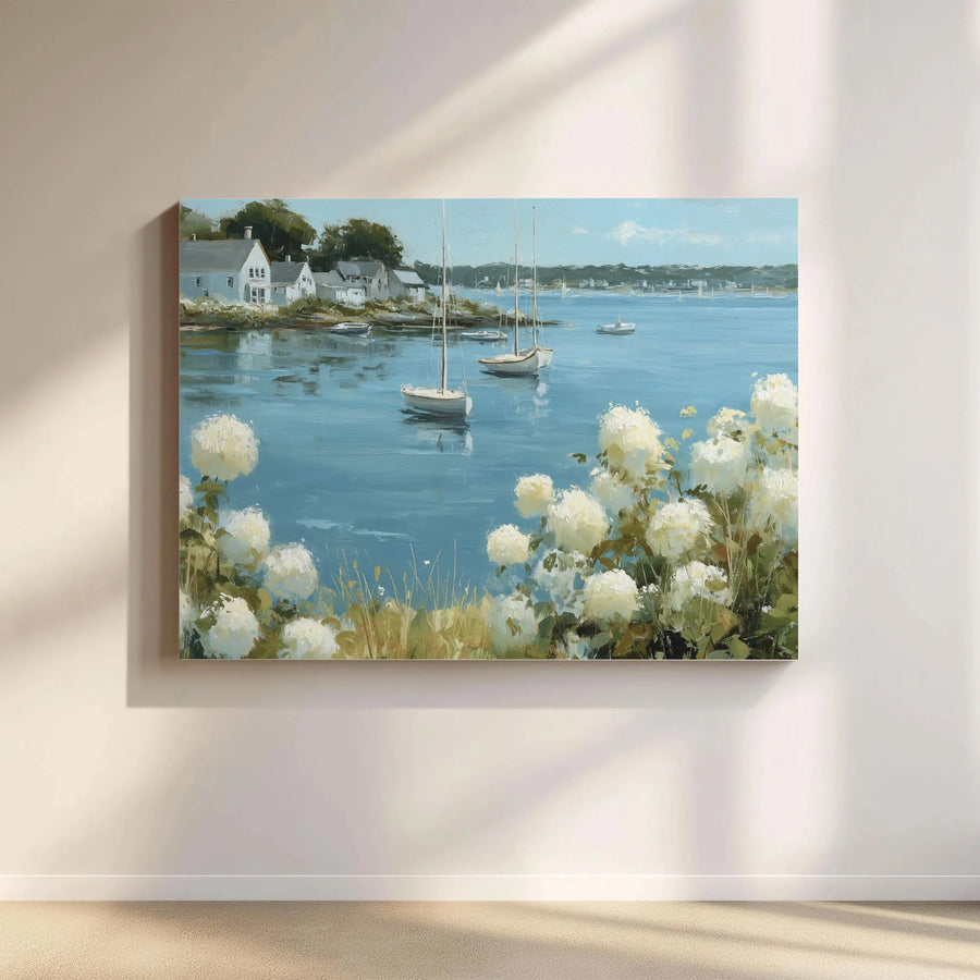 Coastal Harbor Wall Art | Sailboats and Hydrangea Garden Painting | Premium Gallery-Wrapped Canvas | Nautical Home Decor for Living Room