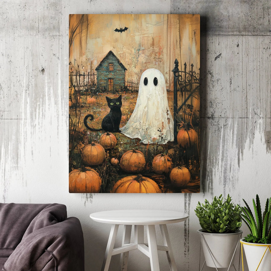 Halloween Ghost And Black Cat Canvas | Spooky Pumpkin Patch Wall Art | Premium Fade-Resistant Print | Festive Home Decor Gift
