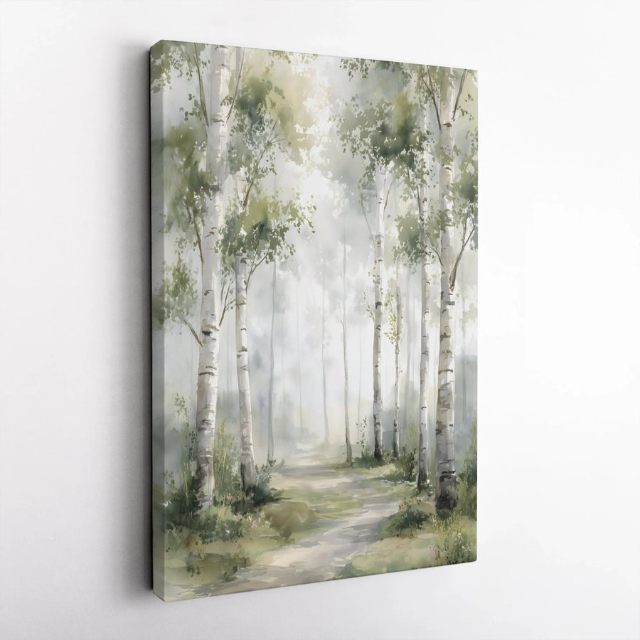 Birch Tree Forest Canvas Art | Watercolor Woodland Path Print | Premium Gallery Wrap Wall Decor | Nature-Inspired Home Office Gift