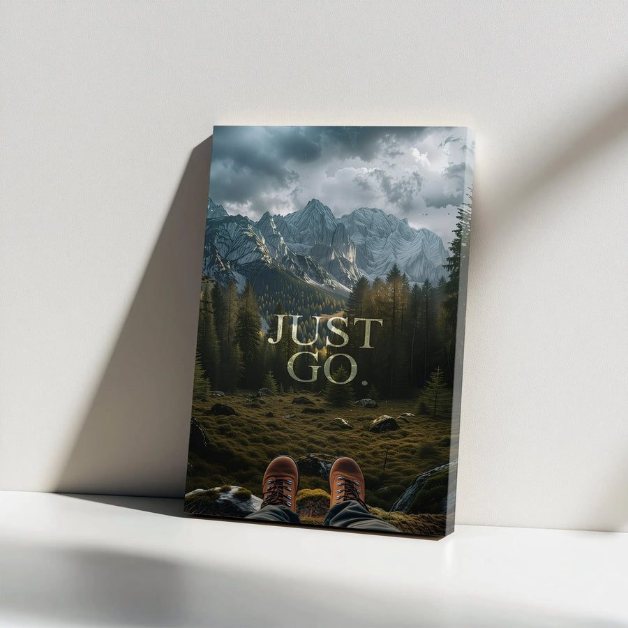 Just Go Motivational Canvas Wall Art | Mountain Forest Landscape Print | Premium Thick Gallery Wrap Canvas | Inspirational Gift for Hiker