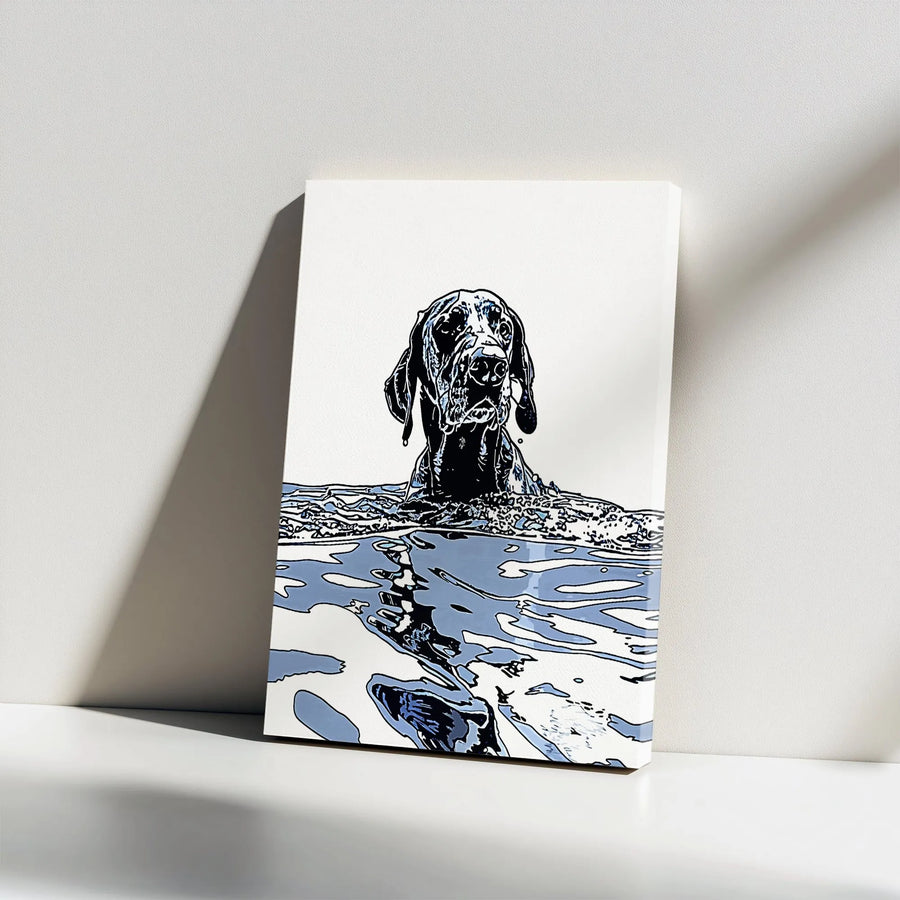 Pop Art Weimaraner Vertical Canvas | Modern Comic Style Swimming Dog | Premium Gallery Wrapped Print | Gift for Dog Lover & Home Decor