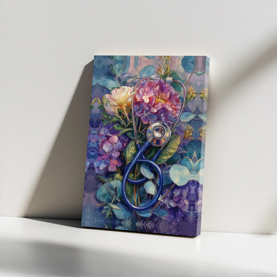 Floral Stethoscope Canvas Wall Art | Watercolor Botanical Medical Illustration | Premium Gallery Wrapped Canvas | Unique Gift for Doctor, Nurse, Med Student