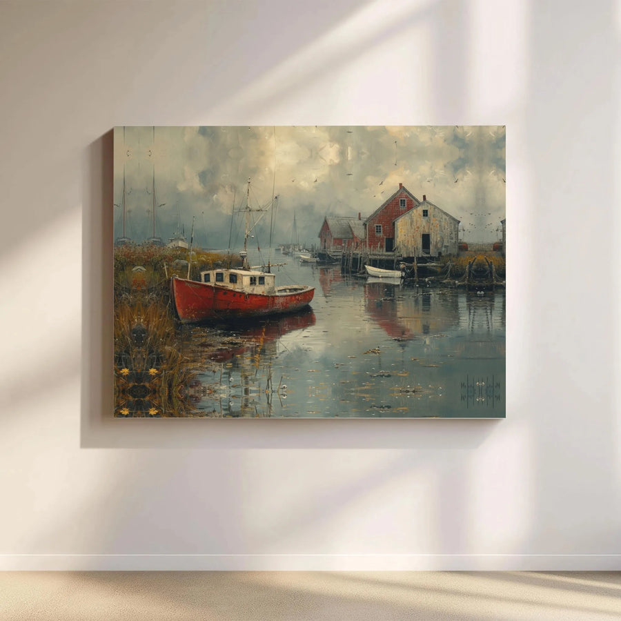 Coastal Harbor Wall Art | Rustic Red Fishing Boat Landscape | Gallery Quality Canvas Print | Nautical Home Decor Gift for Beach House