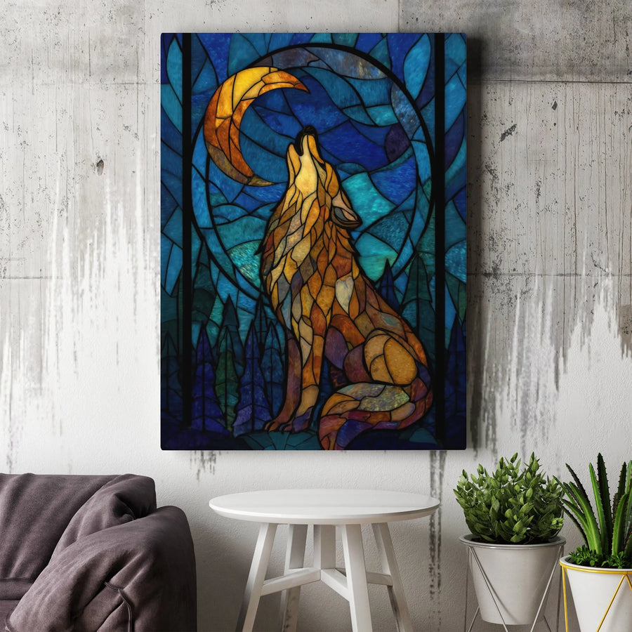 Stained Glass Wolf Canvas Wall Art | Howling Wolf at Crescent Moon Mosaic Print | Premium Gallery Wrapped Canvas | Wildlife Home Decor Gift