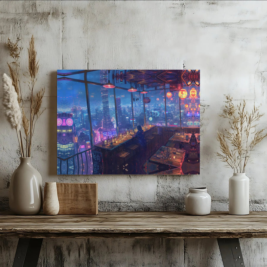 Cyberpunk Cityscape Canvas Art | Rainy Neon Bar Nightlife View | Gallery Quality Fade-Resistant Print | Urban Gaming Room Decor Wall Gift