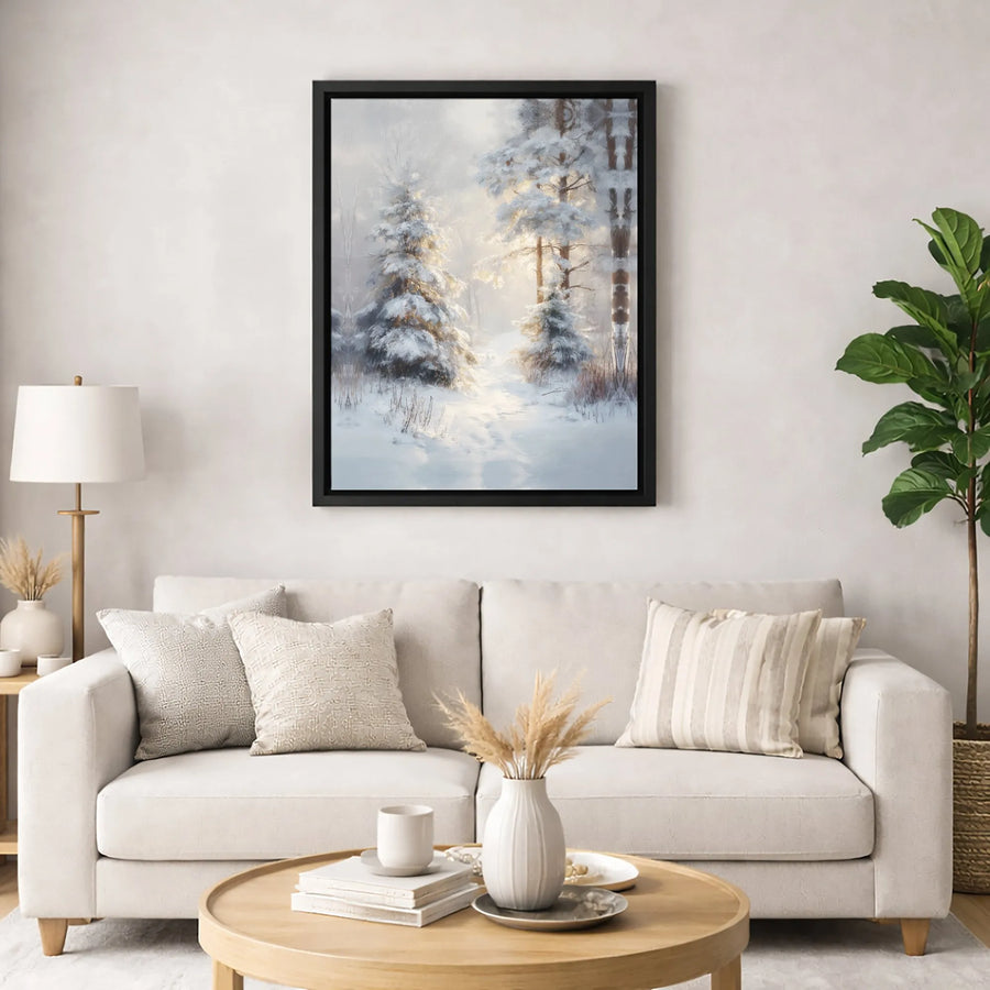 Winter Forest Canvas Wall Art | Snowy Pine Tree Landscape Oil Painting | Gallery Wrapped Premium Decor | Serene Nature Print for Living Room