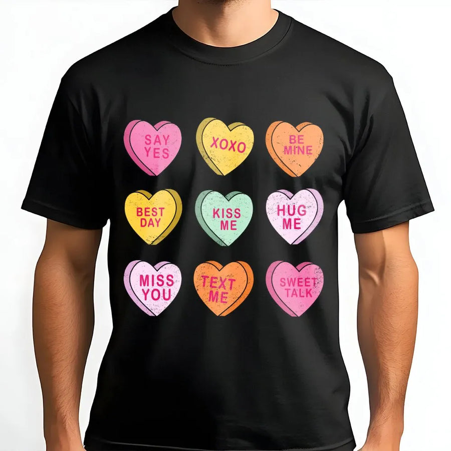 Conversation Hearts T-Shirt | Retro Pastel Candy Valentines Graphic | Premium Soft Cotton | Romantic Gift For Her Or Him