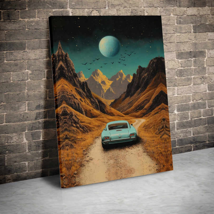Vintage Car Canvas Art | Retro Sci-Fi Mountain Road Trip Scene | Premium Gallery Wrapped Canvas | Collector's Gift for Car Enthusiast
