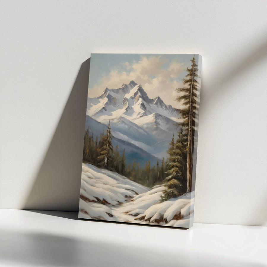 Winter Mountain Landscape Canvas Art | Snowy Pine Forest Oil Painting Print | Premium Gallery Wrap Decor | Nature Lover Living Room Wall Art