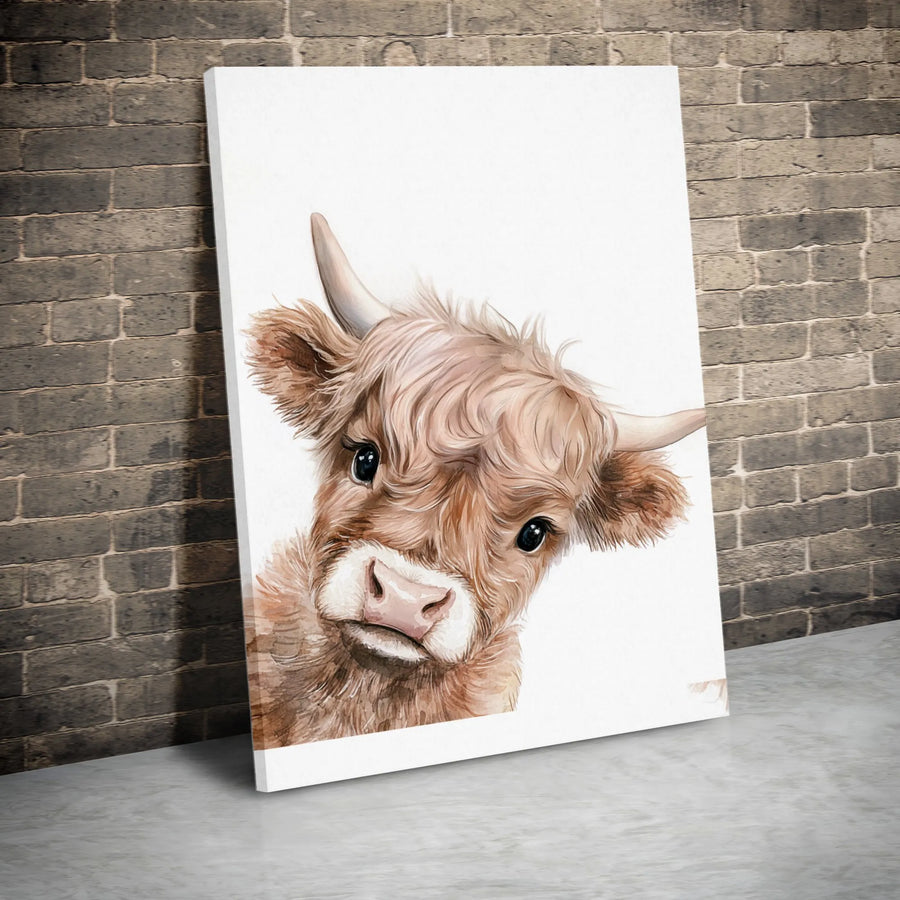 Baby Highland Cow Wall Art | Cute Farm Animal Watercolor Portrait | Premium 1.25-Inch Gallery Wrapped Canvas | Nursery & Home Decor Gift