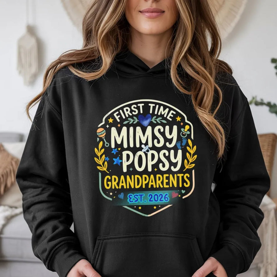 First Time Grandparents Hoodie | Mimsy Popsy Est 2026 Design | Premium Cotton Blend Crewneck | Pregnancy Announcement Gift for New Grandma Grandpa
