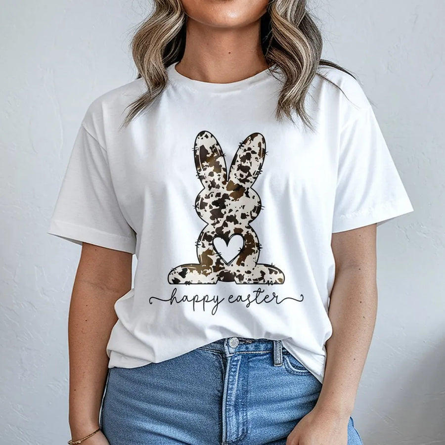 Happy Easter Bunny T-Shirt | Cow Print Rabbit Graphic Tee | 100% Cotton Premium Gift | Spring Holiday Apparel For Women And Men