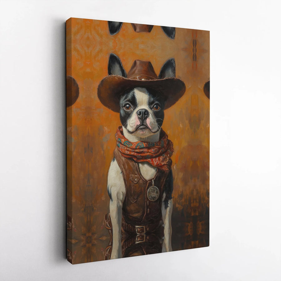 Boston Terrier Cowboy Canvas | Sheriff Dog Western Wall Art | Premium 1.25-Inch Gallery Wrap | Funny Pet Portrait Gift for Dog Lovers