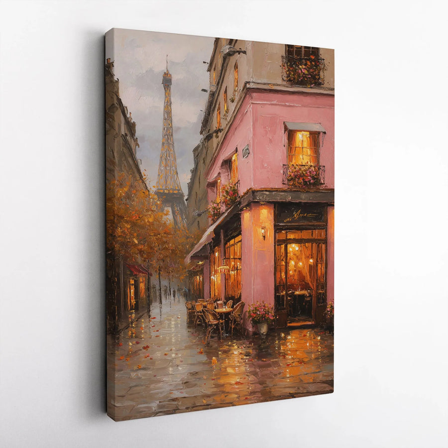 Rainy Paris Canvas Wall Art | Romantic Eiffel Tower Cafe Painting | Premium Gallery Print | French Themed Living Room Decor Gift