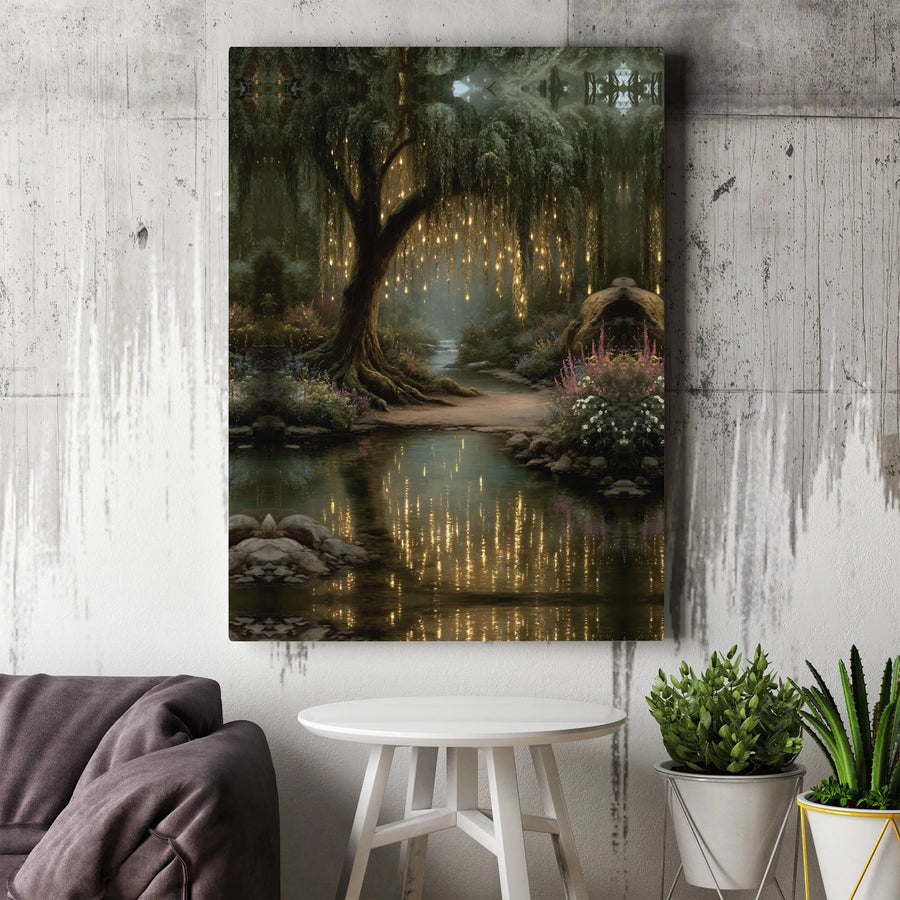 Enchanted Forest Canvas Art | Weeping Willow with Glowing Lights Print | Premium Gallery Wrapped Canvas | Fantasy Lover Gift & Magical Bedroom Decor