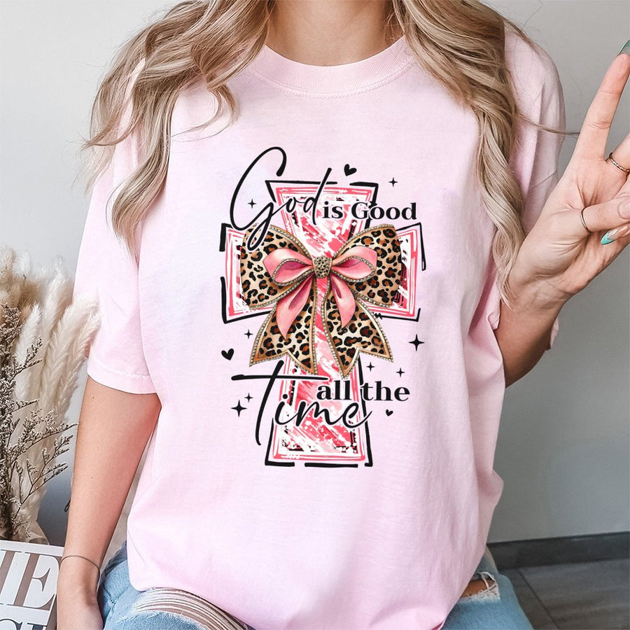 God Is Good All The Time T-Shirt | Leopard Print Cross with Coquette Bow | Premium Cotton Christian Apparel | Religious Gift for Women