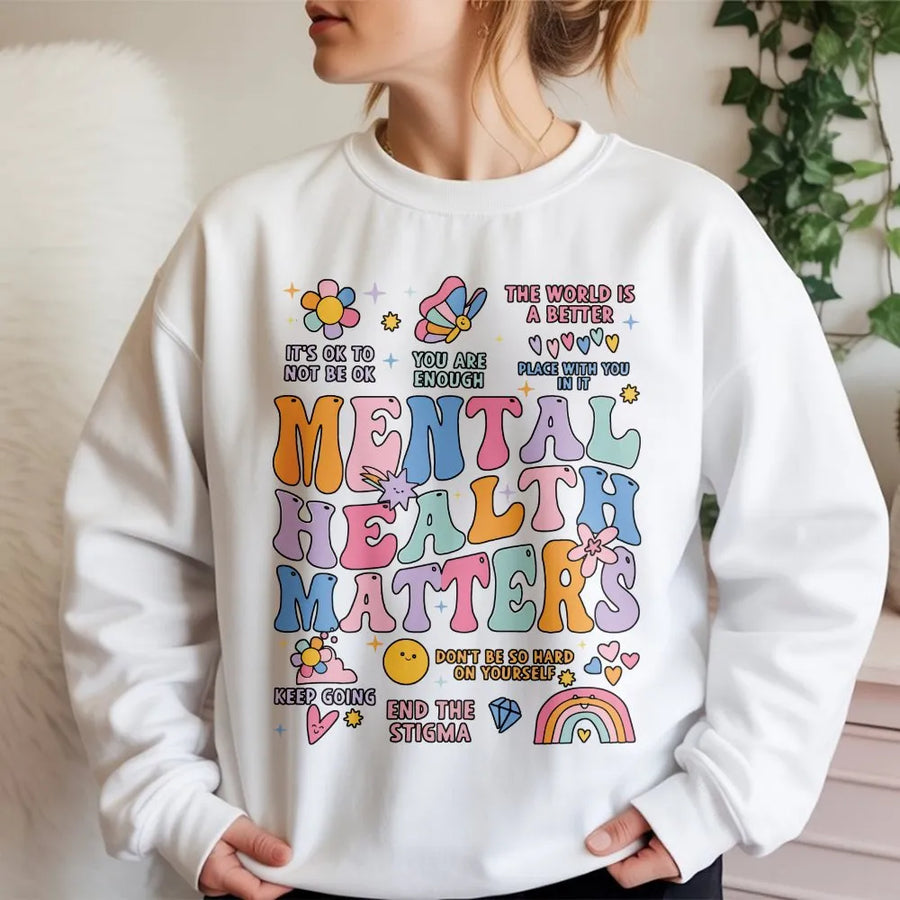 Mental Health Matters Sweatshirt | Retro Groovy Inspirational Graphic | Premium Soft Cotton Blend | Inspirational Gift for Women and Men