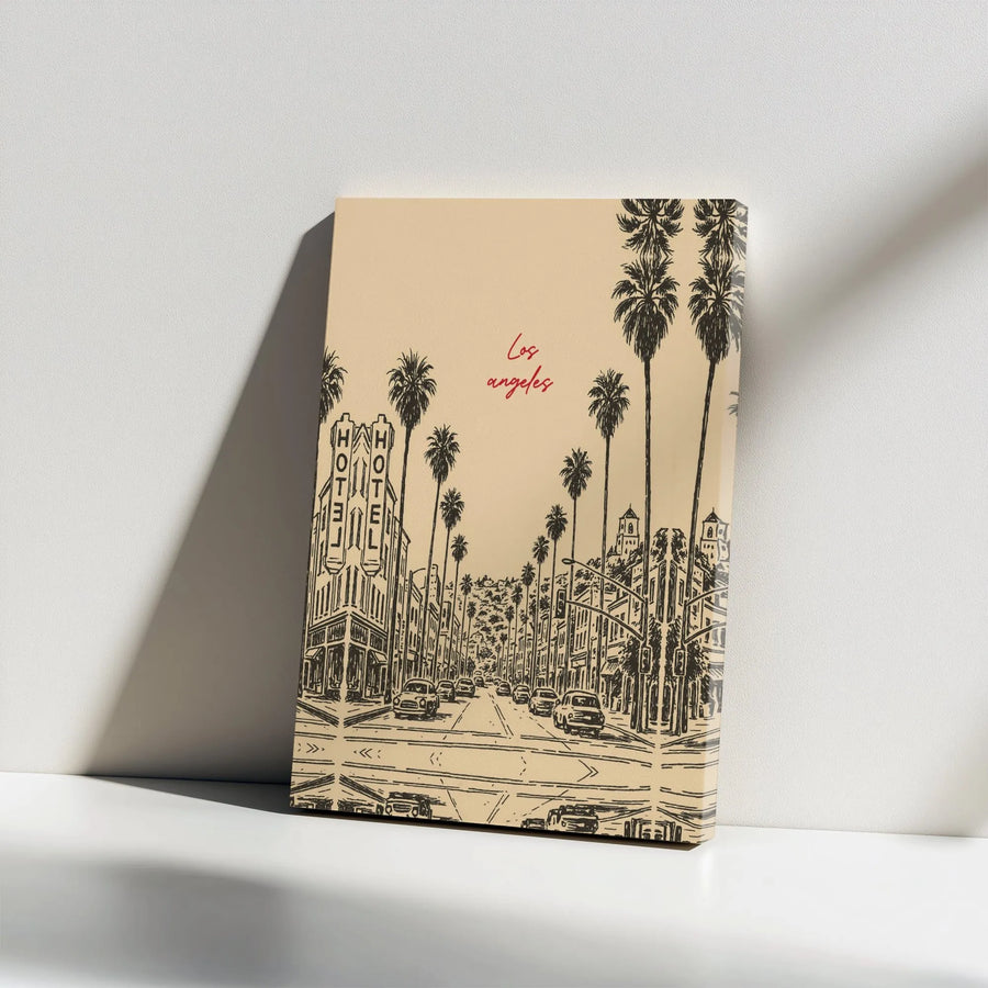 Los Angeles Canvas Wall Art | Vintage Sketch Palm Tree Street Scene | Premium Gallery Wrap Print | California Decor Gift for Home Office