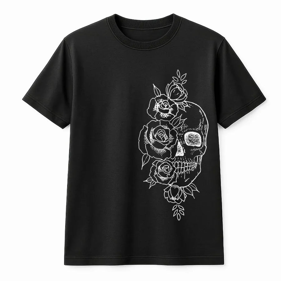 Skull and Roses Graphic T-Shirt | Botanical Skeleton Art Print | Soft Premium Cotton | Edgy Aesthetic Gift for Her & Him