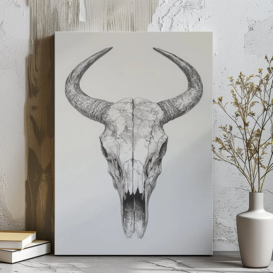 Bull Skull Wall Art Canvas | Western Pencil Sketch Illustration | 1.25 Inch Gallery Wrap | Southwestern Home Decor Gift