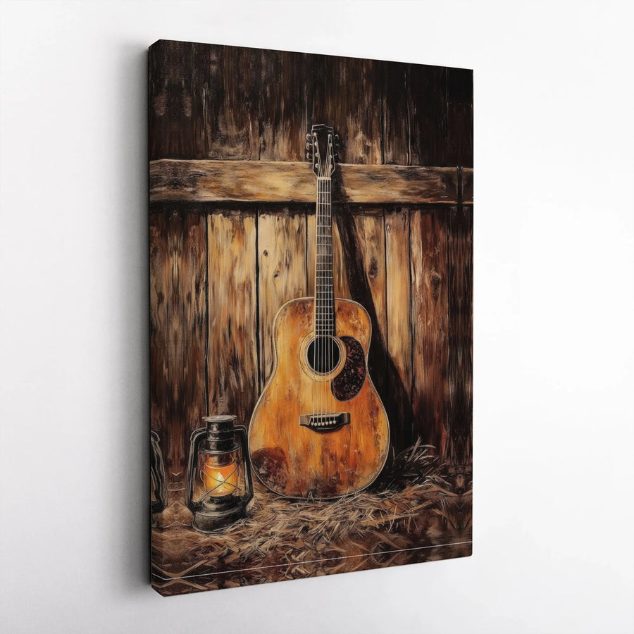 Rustic Acoustic Guitar Canvas Art | Vintage Barn Lantern Wall Decor | Premium Gallery Wrap Print | Music Lover Gift Home Interior