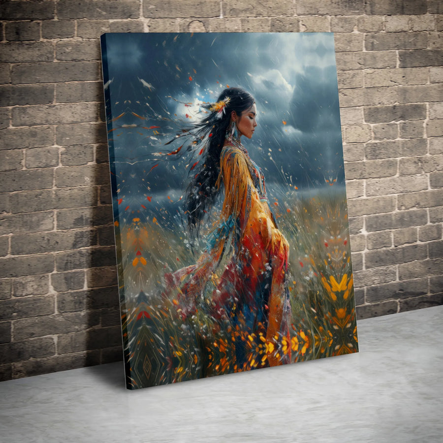 Native American Woman Canvas Wall Art | Spiritual Portrait in Stormy Field | Premium Gallery Wrapped Canvas | Indigenous Culture Home Decor Gift