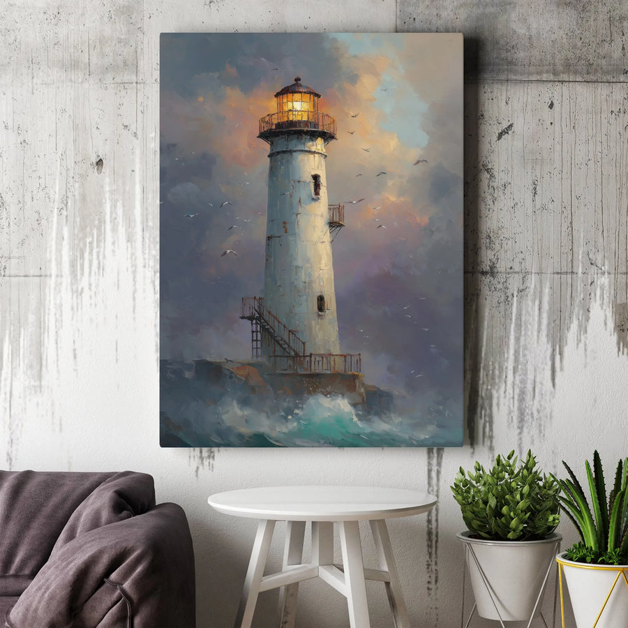 Lighthouse Canvas Wall Art | Stormy Ocean Oil Painting Style | Premium Gallery Wrap 1.25" Profile | Coastal Home Decor Gift for Beach Lovers