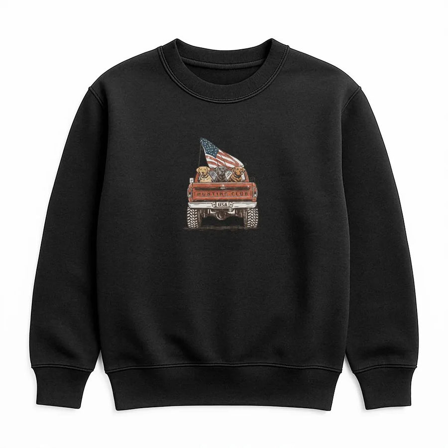 Labrador Hunting Club Sweatshirt | Vintage American Flag Truck Design | Soft Cotton Blend | 4th of July Gift for Dog Lovers